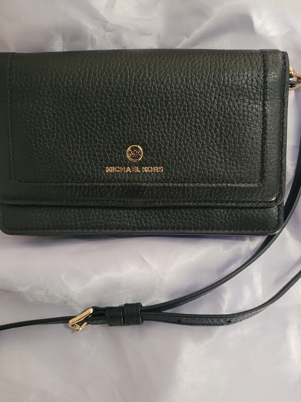Michael Kors Black Pebbled Leather Crossbody Wallet with Gold Logo
